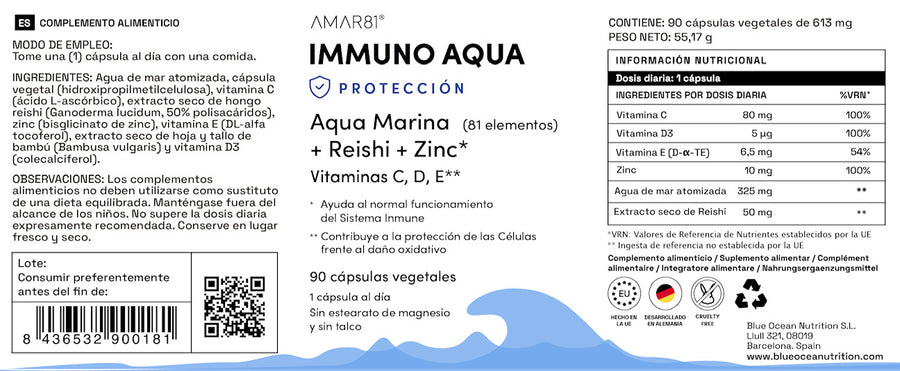 IMMUNO AQUA (90 cápsulas), defensas naturales, infecciones.