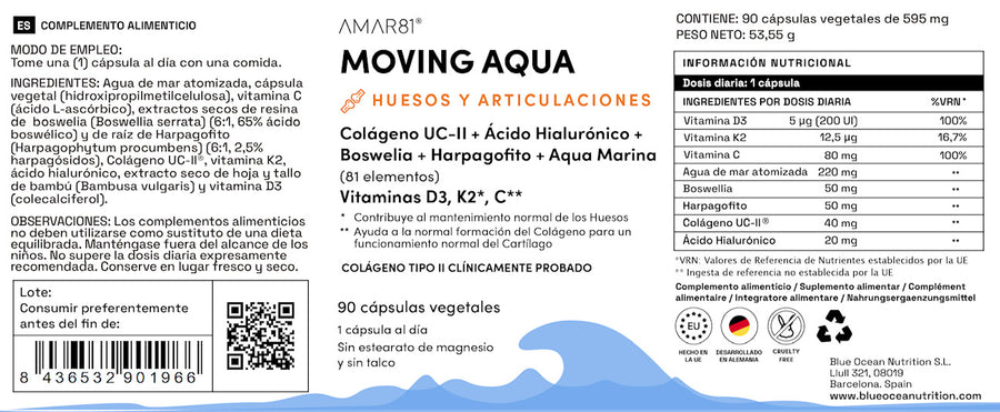 MOVING AQUA (90 caps.), con Colágeno y Ácido Hialurónico. Huesos y Articulaciones