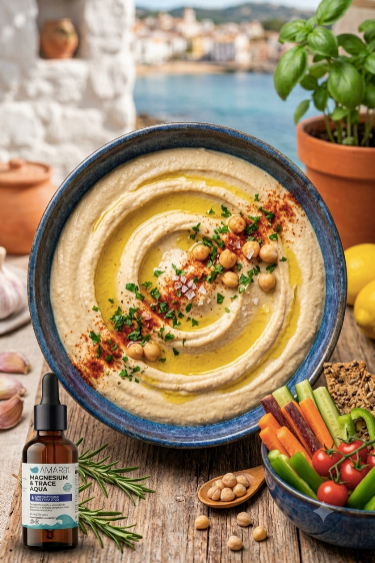 Hummus Funcional de Azafrán y Piñones con Aliño Mineral y Crudités