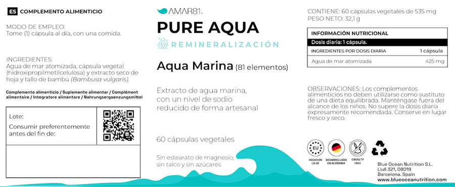 PURE AQUA (60 caps.), 100% minerales y oligoelementos del agua de mar, potenciador de energía