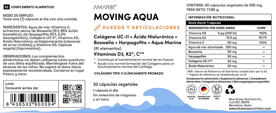 MOVING AQUA (30 caps.), con Colágeno y Ácido Hialurónico. Huesos y Articulaciones